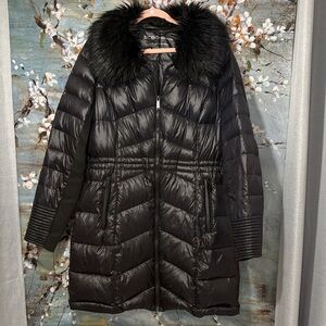 BCBG Black Puffer Coat with Faux Fur Collar